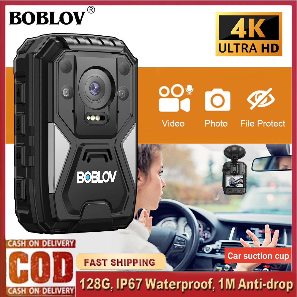 BOBLOV B4K4 4K Body Worn Camera GPS Dashcam, HD 2160P 128GB Video Recorder 15Hours Video Shooting Police Camera BodyCam Waterproof Fast Charging with Charging Dock & Car Suction