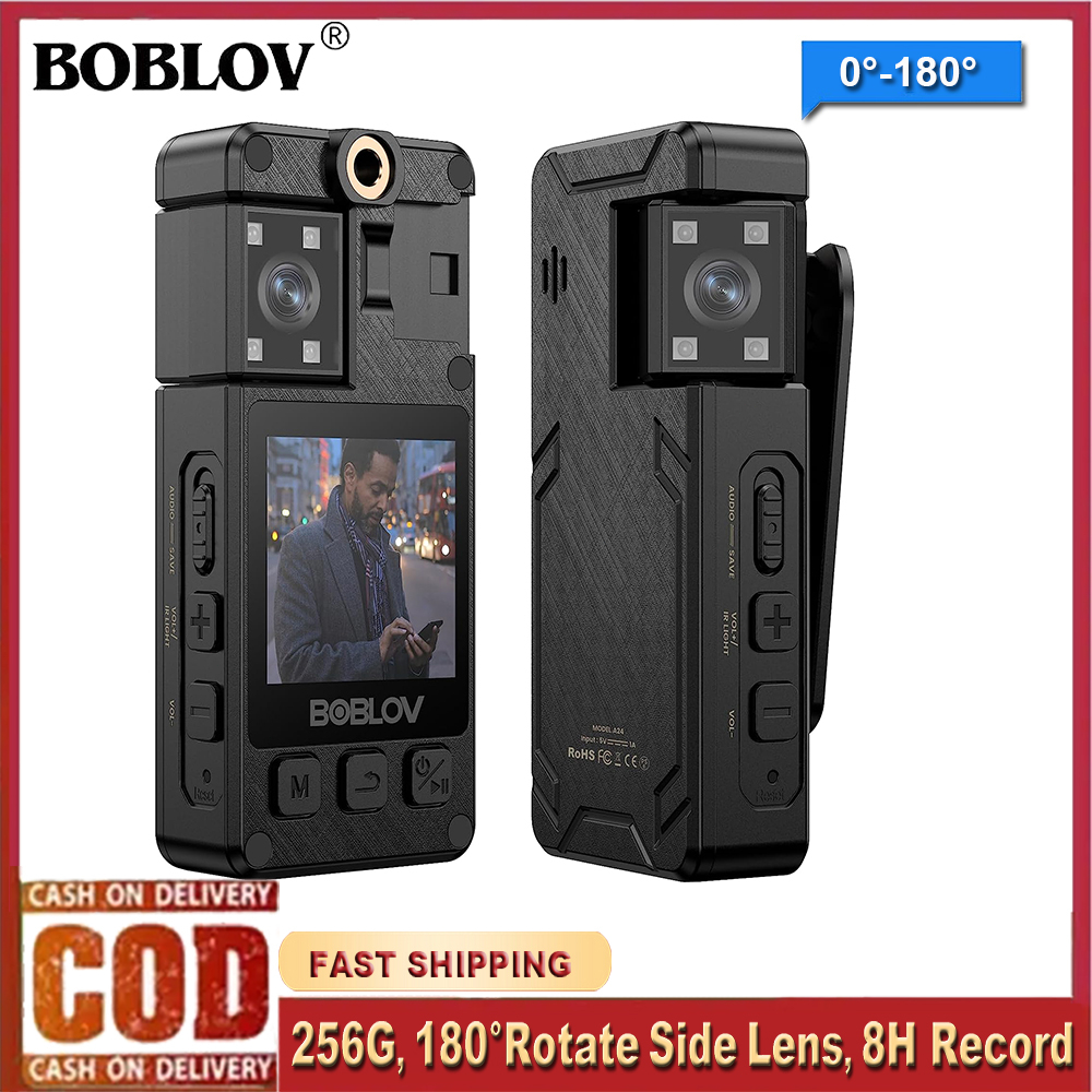 BOBLOV A24 Body Mini Action Sport Worn Police Camera 256GB HD 1296P 180° Rotate Lens DVR Video Recorder 8 H Recording with Night Vision Camcorder For Vlog