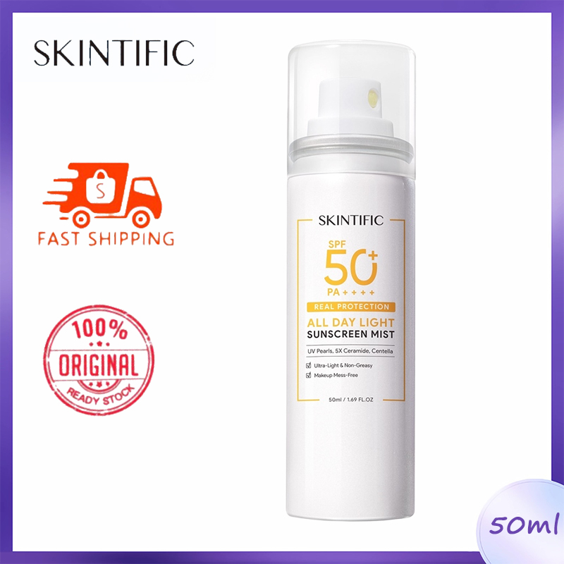 【Ready Stock】SKINTIFIC All Day Light Sunscreen Mist SPF50 PA++++ Whitening Sunblock Spray Anti UV Face/Body Spray 50ml