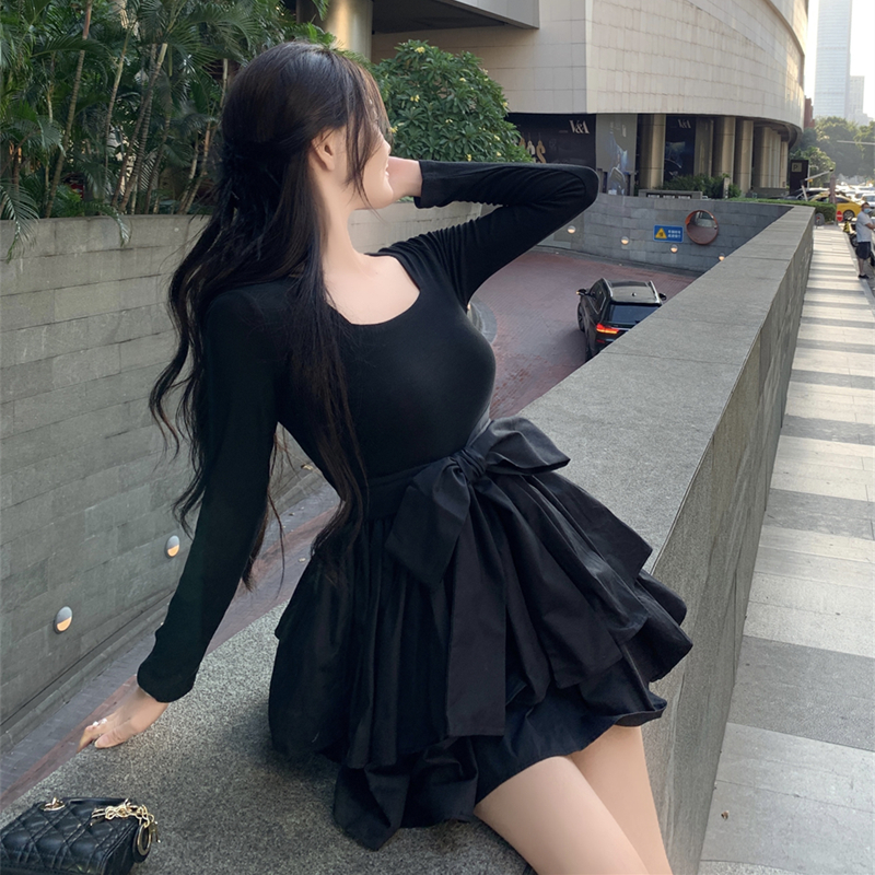 Plus Size Korean Style Long Sleeve Mini Dress - Glamorous Evening Wear for Women