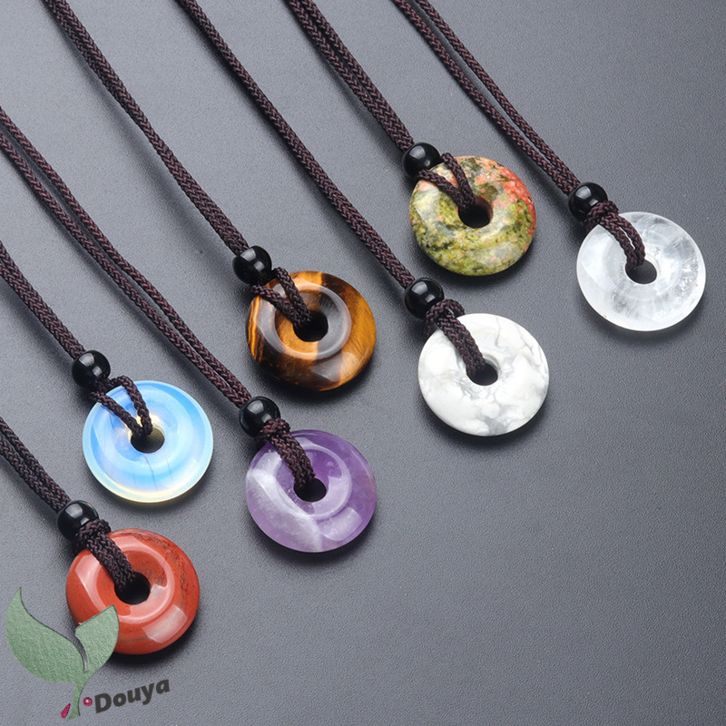 20mm Circle Donut Healing Crystals Necklace,Safety Button Pendant Necklace, Amulet Lucky Charm Agate/amethyst/quartz/tiger eye Donut Pendant Necklace with Adjustable Braided Rope