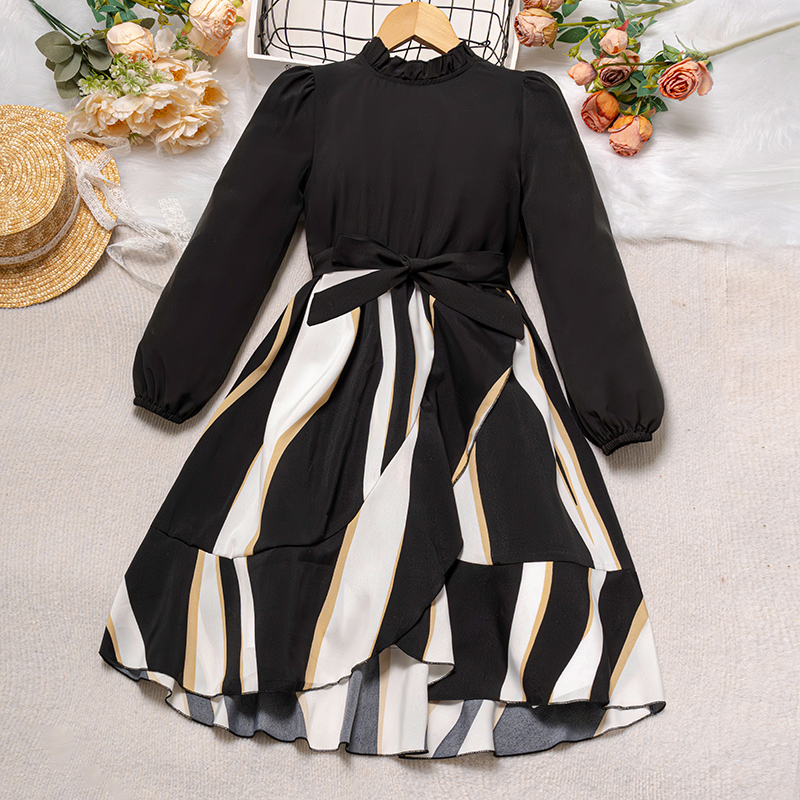 SIYYIS Kids Dress 8-12 Years Teens Clothes Black Color Striped Patchwork Long Sleeve Dress Daily Casual Clothing Baju Budak Perempuan Baju Baby Girl Halloween Costume Kids