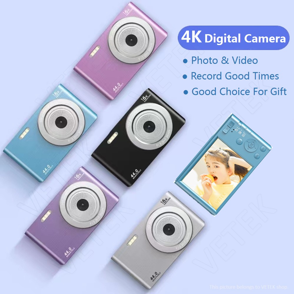 VETEK Kamera 4K Digital Camera 44MP CCD Mini Camera With 2.8 Inches Screen and AF, Selfie Pocket Camera, Portable Vlogging Camera