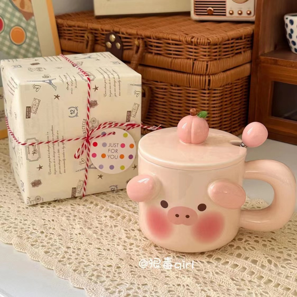 Teacher's Day Gift Cute Pig Ceramic Mug with Lid Spoon Couple Cup Office Creative Coffee Cup Household Breakfast Cup Girl Birthday Gift