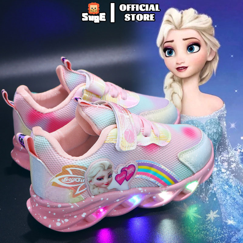 SUGE Size21-30 kids girl shoes Elsa Led kasut frozen budak perempuan Pink Fashion mesh breathable Sneaker Soft Bottom