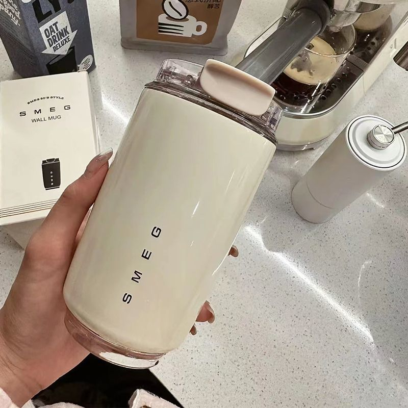 【Pretty】Same Day Shipment | SMEG Thermos Cup Cream Milk White Portable Cold Water Cup Cold Coffee Direct Drinking Car Coffee Cup Desktop Hot Water Cup Accompanying Cup Coffee Mug Vintage Ceramic Liner Commuter Gift