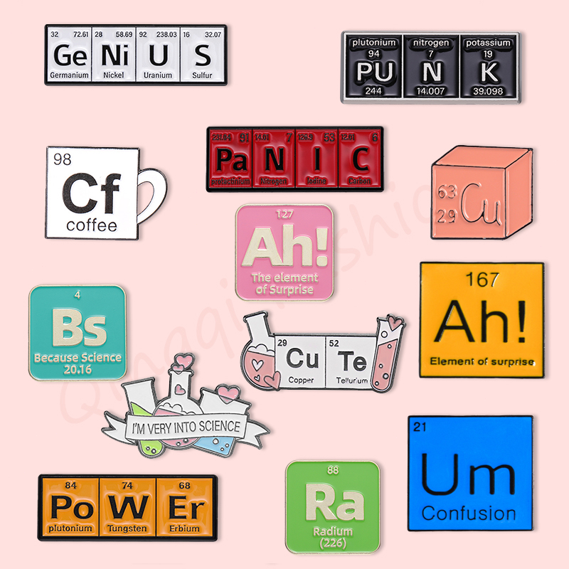 Funny Chemical Element Symbols Texts Enamel Pin Metal Brooch Creative Chemistry Brooches Lapel Badges Science Jewelry Gift for Kids Students