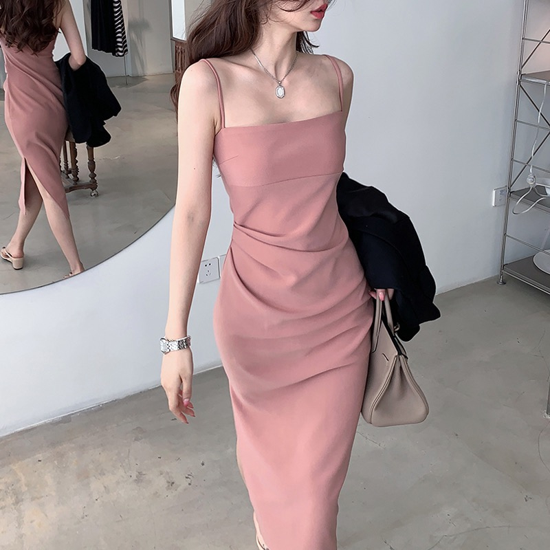 粉色性感連衣裙吊帶开叉 women hot pink dress plus size casual halter beach sexy long bodycon dress with slit summer dress woman korean style dress 黑色連衣裙韓版顯瘦大碼