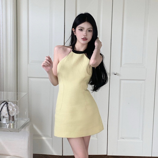 Korean Version Yellow Sexy Halterneck Dress Women's Slim-fit Narrow-waisted Back Bow Strapless Design Round Neck Sleeveless A-