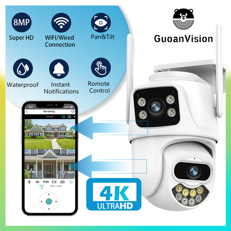 GUOAN 8MP 4K Wifi CCTV Camera P7S HD Dual Lens Dual Screen Outdoor AI Auto Tracking PTZ Camera Night Vision Video Surveillance