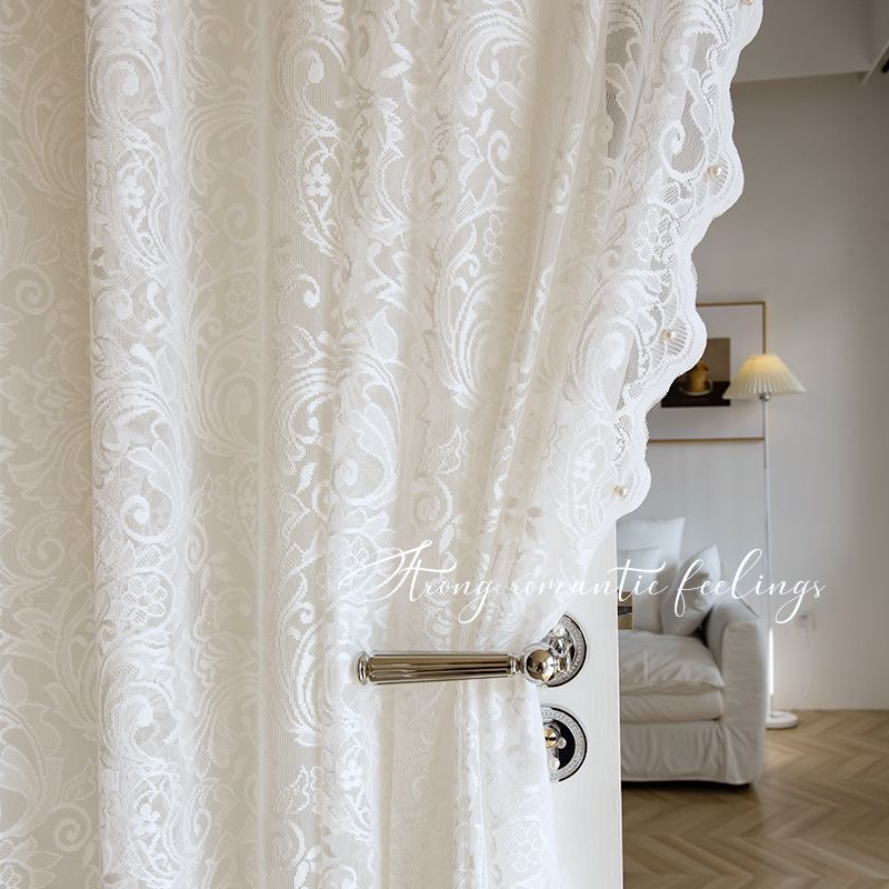 Princess White Tulle Curtain For Living Room Bedroom Light Transparent Lace with Pearls Elegant Day Half Curtain Half Length