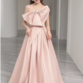 High-quality Satin Bow Evening Dress Female Korean Version Light Wedding Dress Banquet Dress Host Choir Performance Dress Temperament Location High-End Light Luxury Niche Ladies Noble Summer