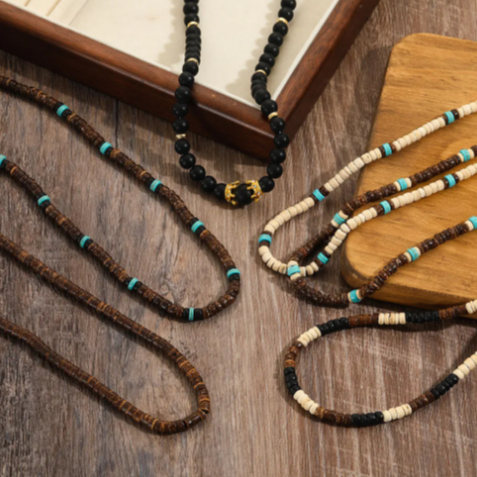 Boho Ethnic Coconut Shell Turquoises Beaded Necklace Men Jewelry 2023 New Fashion Minimalist Wooden Choker Necklace Gifts