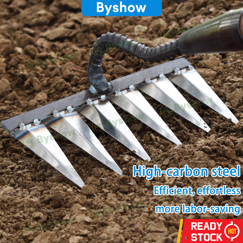 【Byshow】Malaysia In StockHoe Weeding Rake Grasping Raking Nail Harrow Loosening Soil Rake Hoe Root Rake Six-toothed Steel Nail Rake turning the ground Artifact Bubble Wrap alat pertanian Metal Scarifier Agricultural Vegetable Gardening Tool