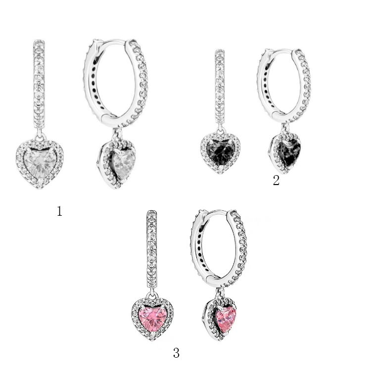 Pandoraa Glitter Heart Pink Black White Zircon Women's Earrings 925 Silver Luxury jewelry