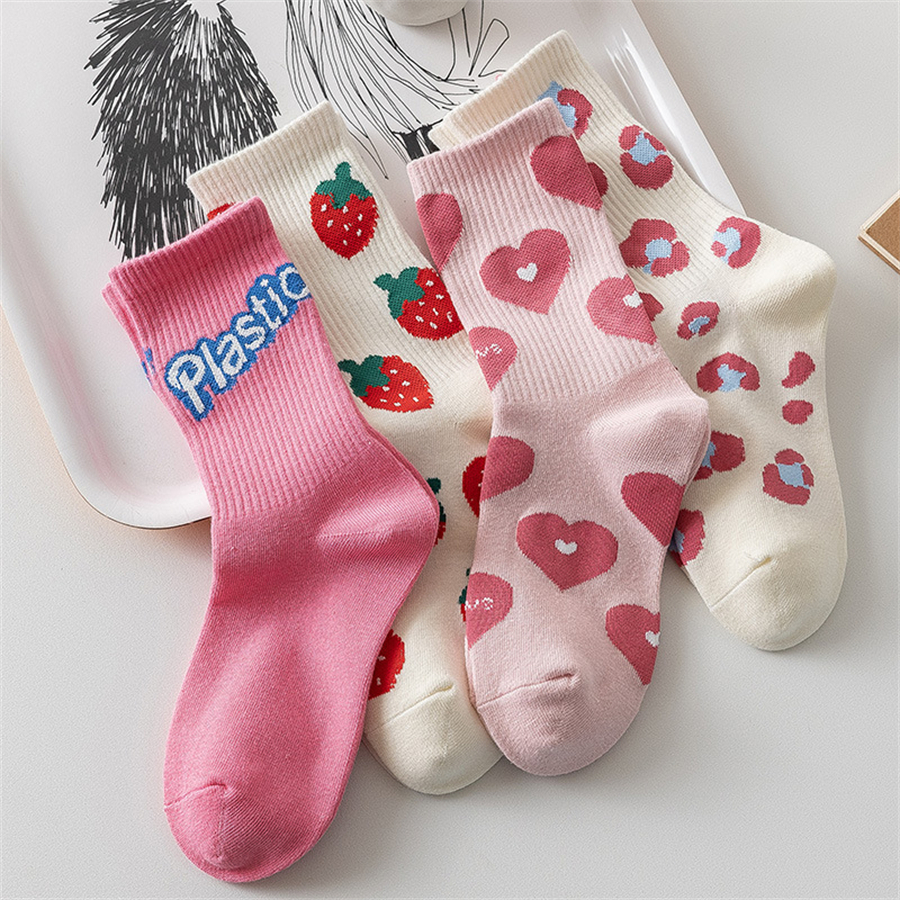 Kafu D464 Ladies Pink Letter Love Strawberry Socks Fashionable All-Match Cute Preppy Style Girl Sweet Mid-Tube Socks