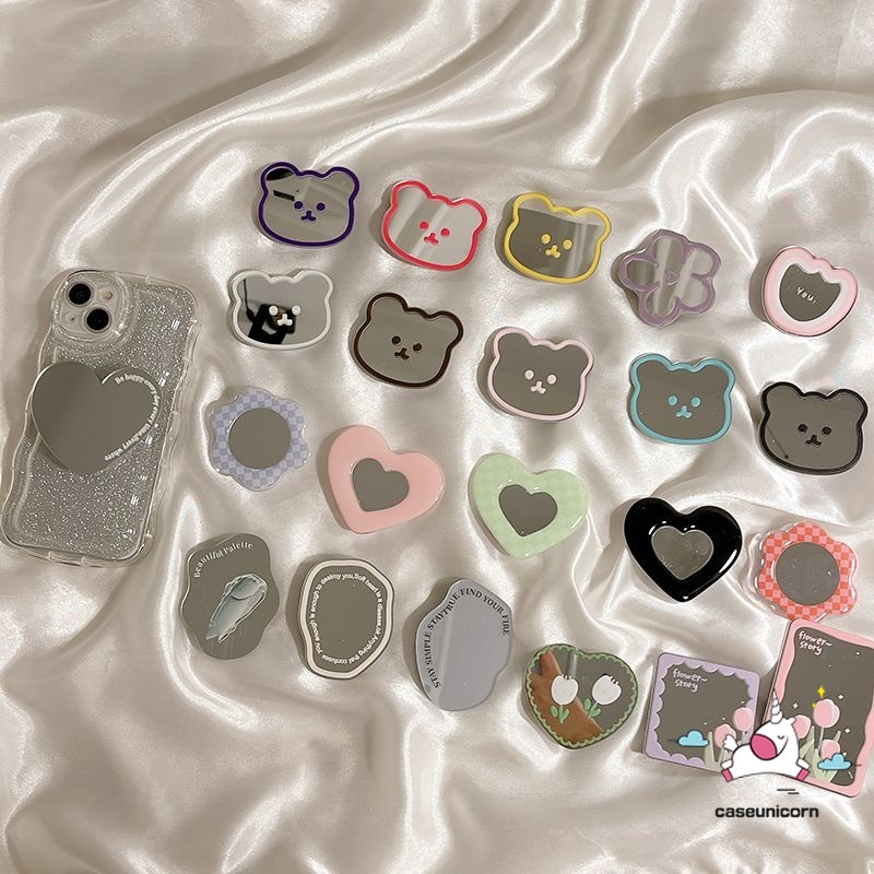 Creative Cute Irregular Love Heart Make Up Mirror Bracket Phone Grip Korea Holder Ring Cartoon Bear Flower Tulip Mirror Universal Scalable Phone Stand Holder