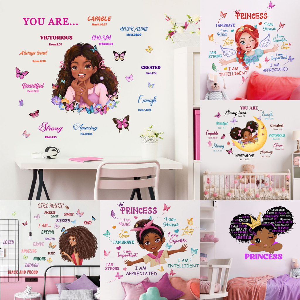 Religious Butterfly Wall Decal Sticker, Positive Saying African American You are Beautiful Nursery Decor, Inspirational Home Afro Kid Room Decoration Bedroom Playroom Art Gift