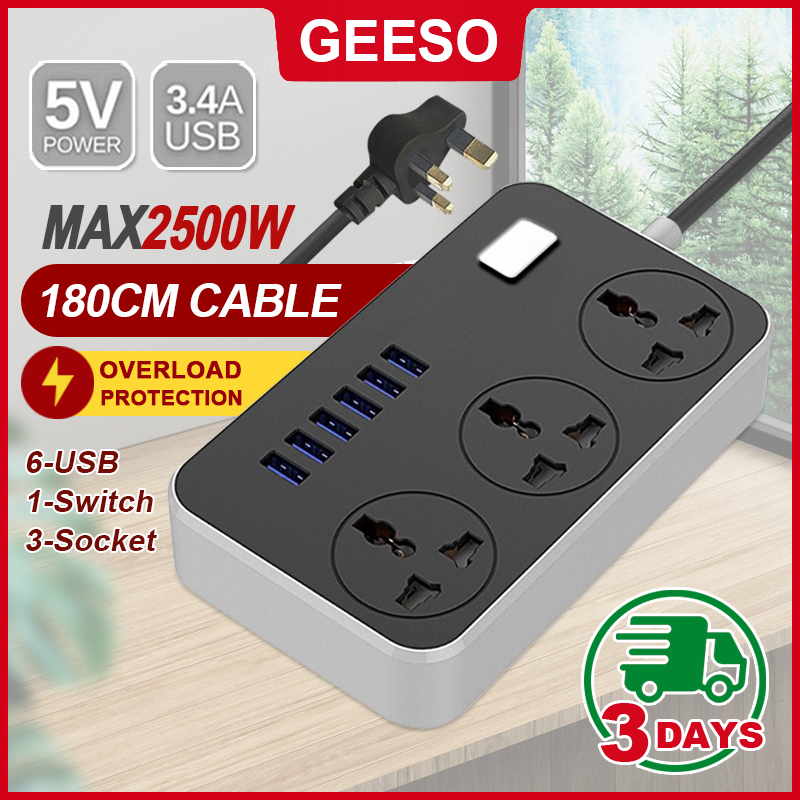 GEESO 6 USB Port 3 Universal Power Strip Extension Plug Power Socket Electric Sockets Elektrik Soket Extension Cords 180CM Cable 多功能排插 USB插排 英规插头