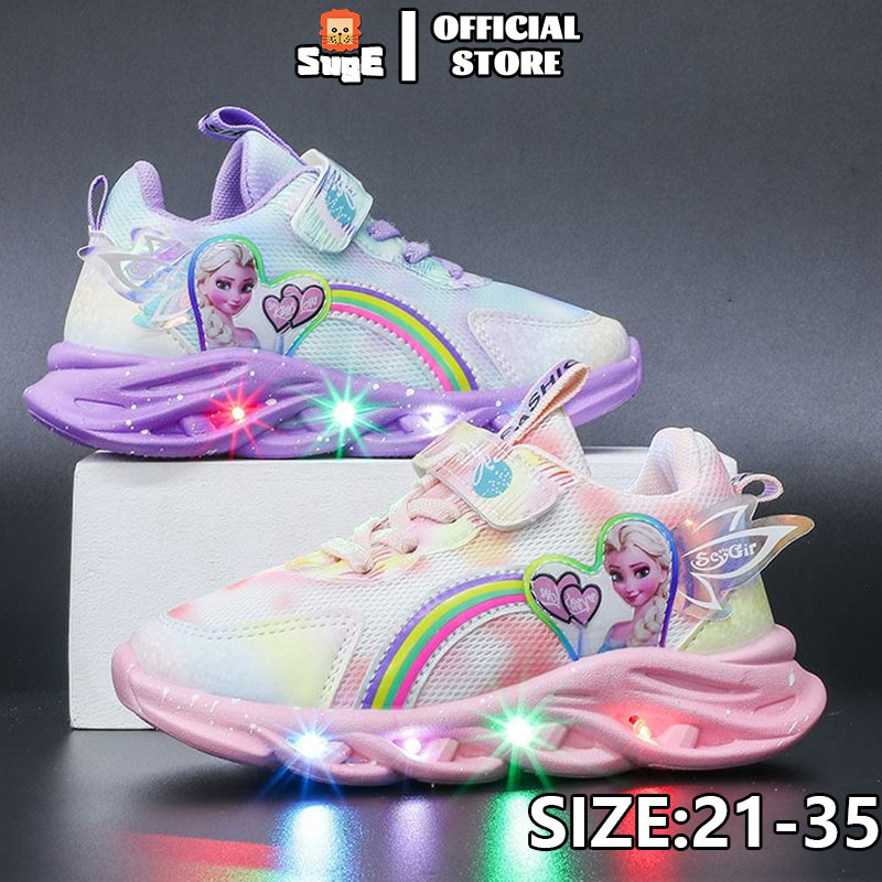 SUGE kasut frozen budak perempuan Girl Sports Shoes Fashion LED Light Up Girl Shoes Elsa Soft Bottom Breathable Non-slip Baby Student School Casual Sneakers