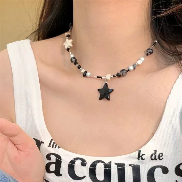 Y2K Star Pendant Necklace Black Pink Pentagram Beaded Hip Hop Clavicle Chain Necklace