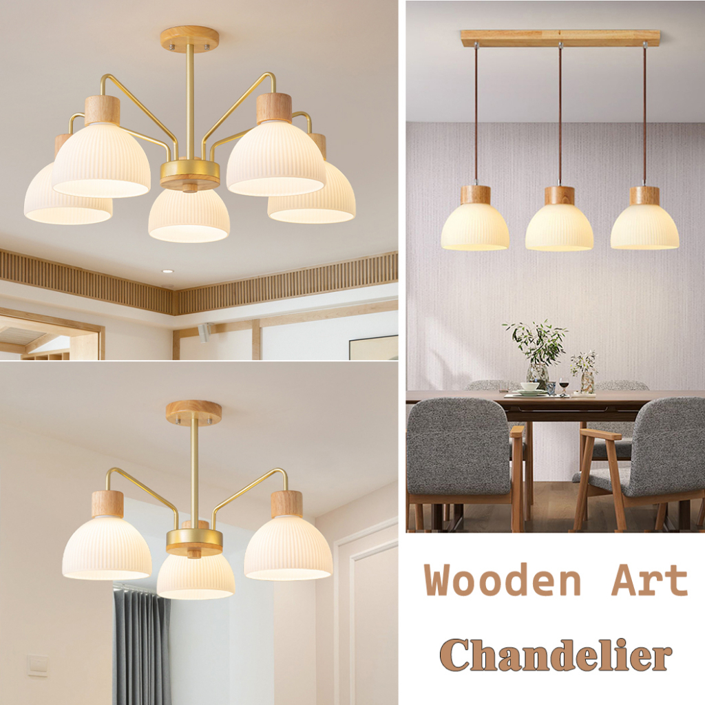 Living Room Chandelier Light Wooden Led Ceiling Lamp Dinning Room Pendant Lights Bedroom Aisle Corridor Balcony Lighting Lamps Home Decor Hanging Lamp E27 bulb Glass Lampshade 220V