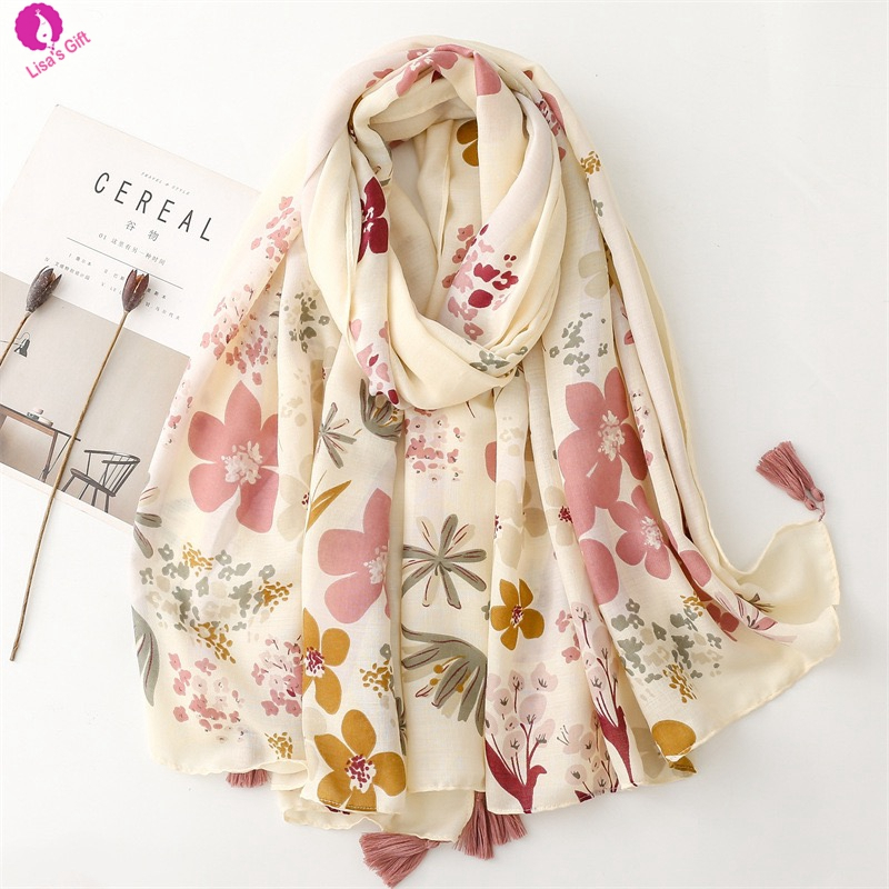 Lisa Fashion 2023 muslim comfy cottonshawl floral pattern printed wideshawl flowy headwrap instant hijabs malaysia tudung borong bawal modern viscose tasselshawl