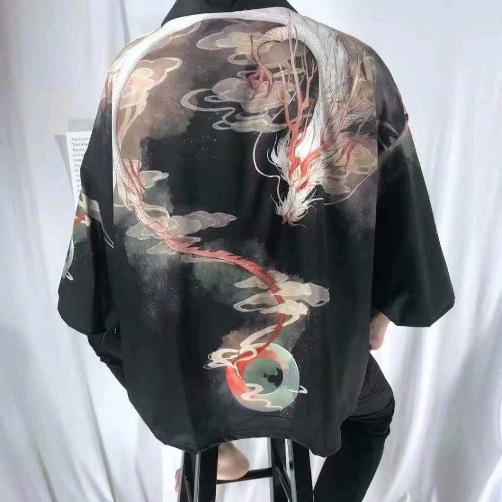 Quick drying ice shreds Dragon pattern Men's women Batik Shirt Short Sleeve Sunscreen clothing Chinese style Hawaiian coat 2024 New Year's Clothing