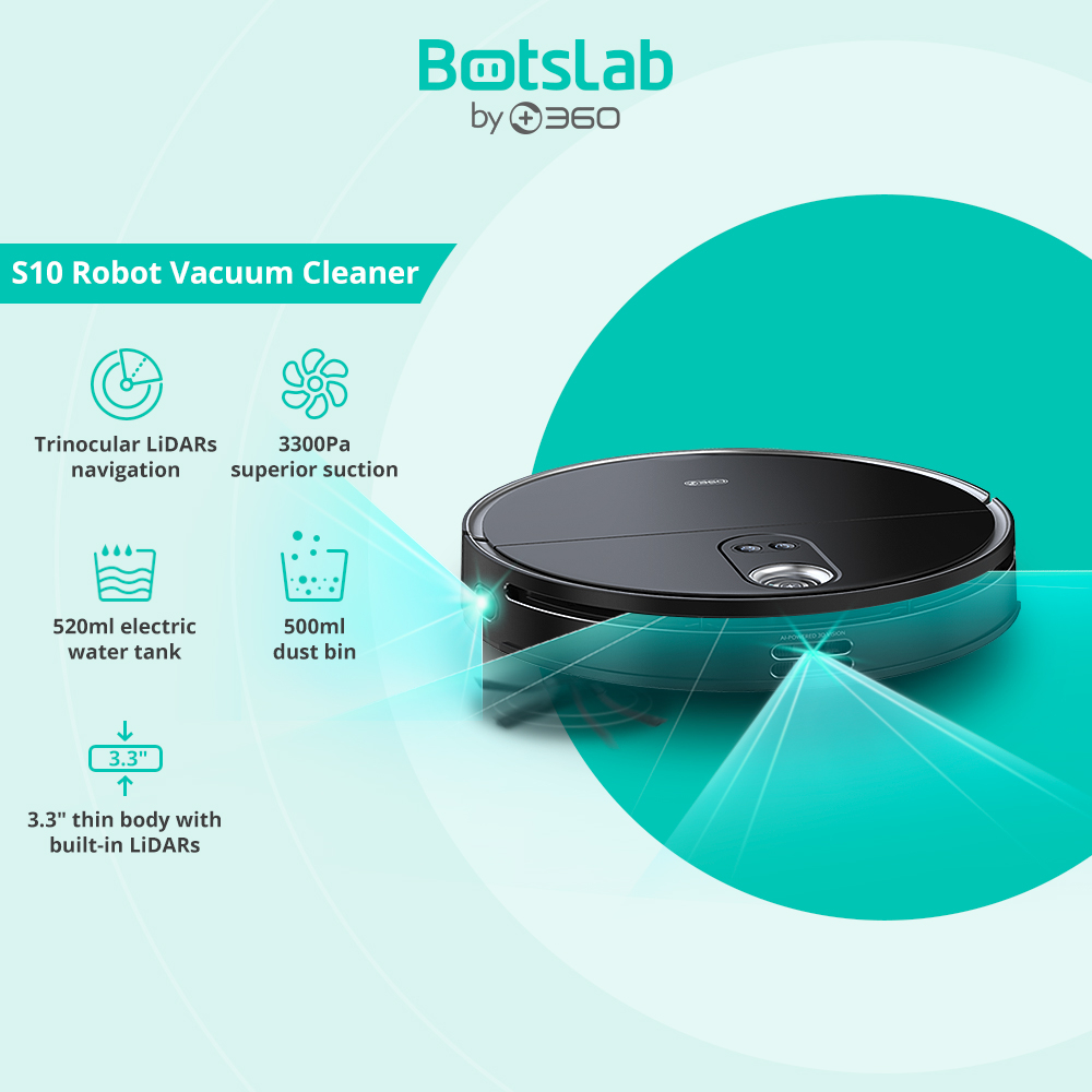 Botslab By 360 S10 Robot Vacuum Ultral Thin Build-in Trinocular LiDARs 3300Pa Wifi Connected Works With Alexa