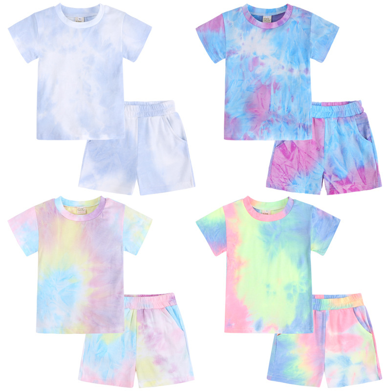 Kids Tales stock quick hair children's clothing, summer new tie dyed children's sports set, foreign trade source, short sleeved shorts, children's home two-piece set