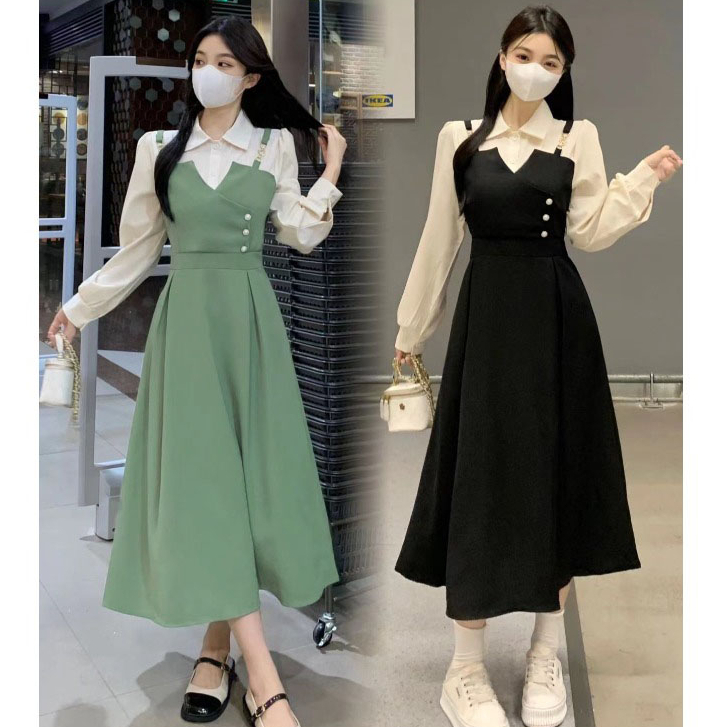 Korean Fake Two Piece Design Large Size Dress Women's Autumn New Flesh Covering A-line Long Dress