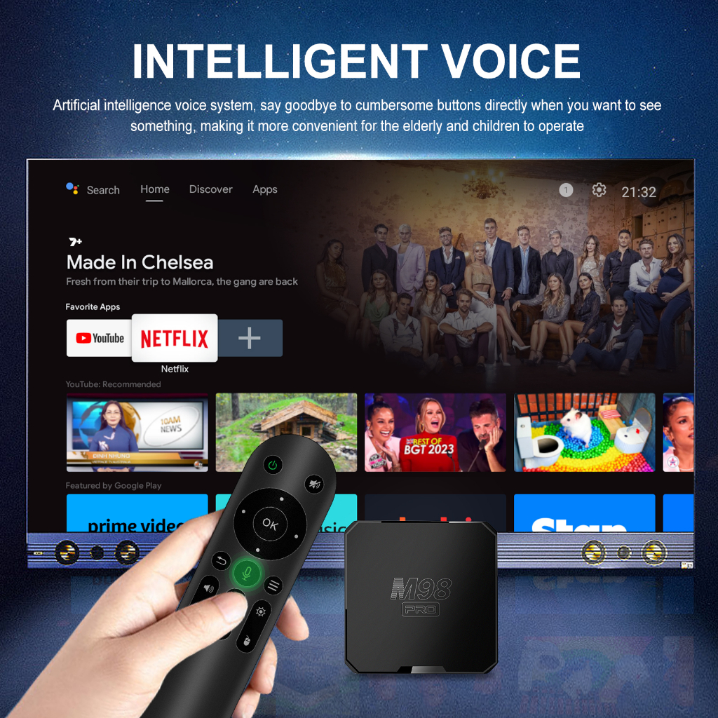 M98PRO voice controlled intelligent Android TV box Android 10H313 advanced chip 2.4G 5G dual WIFI Bluetooth 4.0 4K high-definition playback