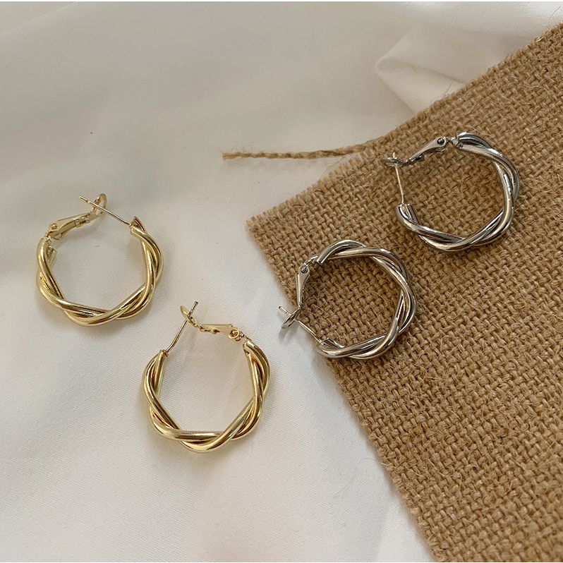 European Style Metallic Twisted Hoop Stainless Steel Earrings, non-tarnish earrings