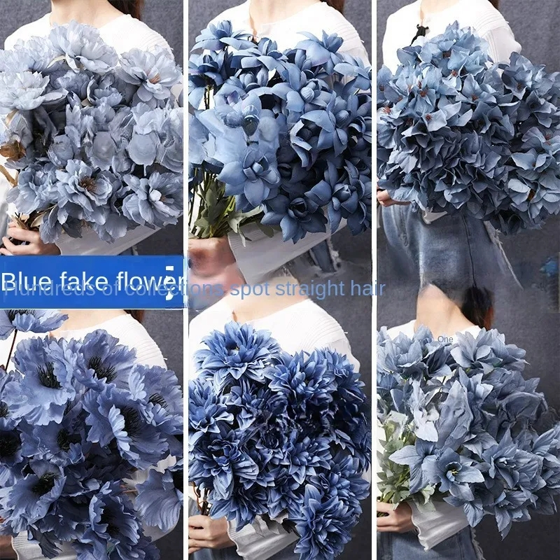 Dark Blue Artificial Flower Fog Arrangement Wedding Decoration Road Lead Fake Bouquet Haze Ground Handle