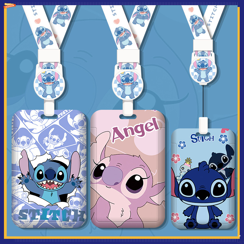 Stitch Multifunctional Retractable Card Holder with Long Rope & Easy Pull Buckle Anti-Lost ABS ID Case for Bus/MRT
