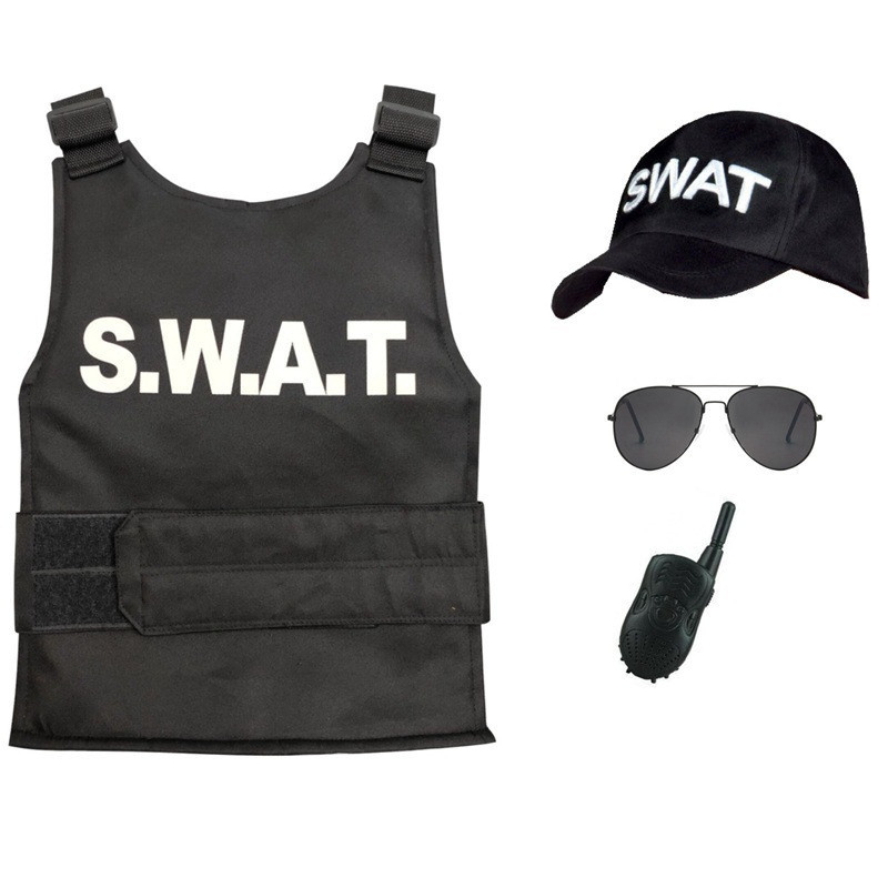 Kids Police Swat Bulletproof Vest & Swat Cap Hat Costume Fancy Dress Outfit 3-10years Children Policeman Costume