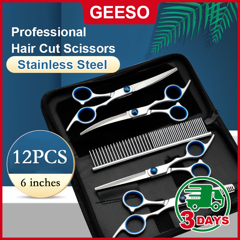 GEESO 12PCS Professional Hair Cut Scissors Set Stainless Steel Gunting Rambut Shears Barber Scissors Set Hairdresser Tools Salon Kit 理发剪刀 理发工具套装