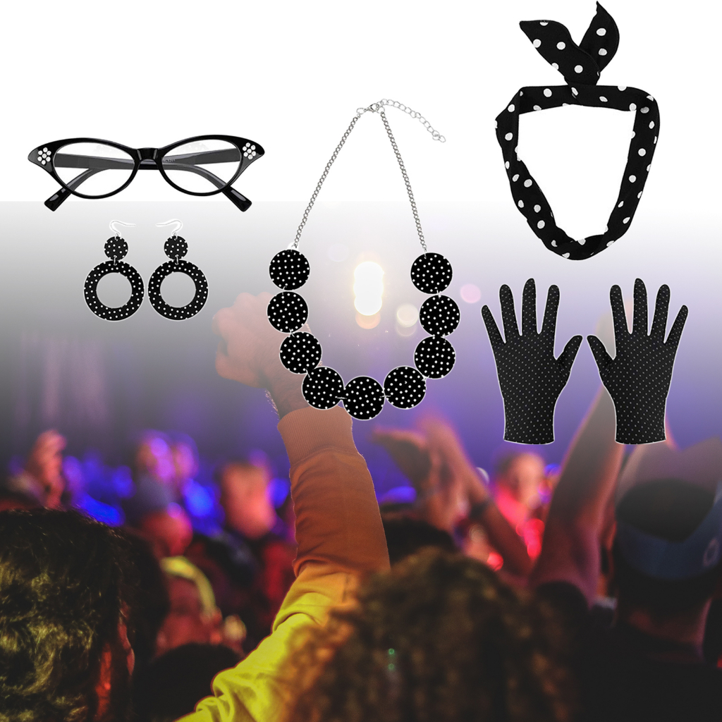 [BlesiyaMY] Retro 1950S Womens Costume Set Glasses Gloves Polka Dot for Halloween