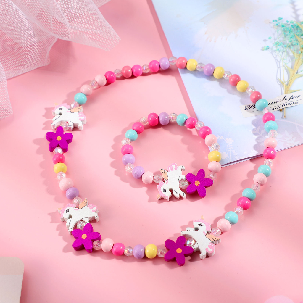 Amosfun 1 Set Children Jewelry Set Beads Necklace Bracelet Wooden Beaded Bracelet Necklace Decoration for Kids yuanyao