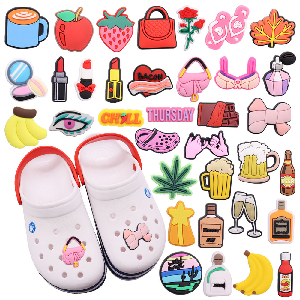 1pcs Fruit Banana Beer Chill Chocolate PVC Woman Buckle Clog Cosmetics Crocs Shoe Decorations Coffee Drinks Backpack Charms