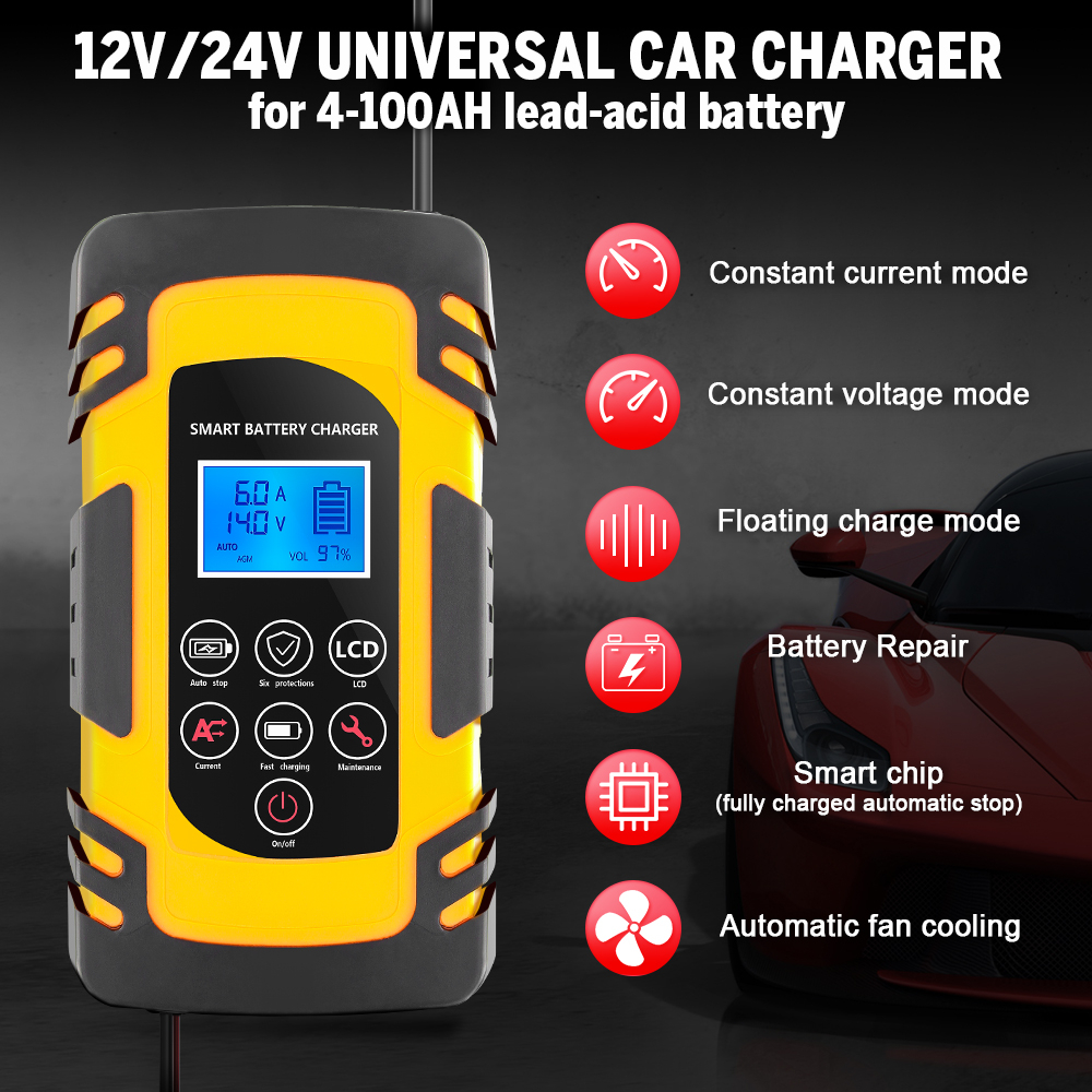 12V 24V Lead-acid Lithium Car Battery Charger 4A 6A 8A Fast Charge Pulse Repair LCD Display Battery Tester Fast Charge For Car Motorcycle Moto EU Plug