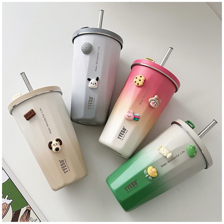 600ml Tyeso Gradient Coffee Mug Vacuum Insulated Bottle Tumbler with Straw Stainless Steel