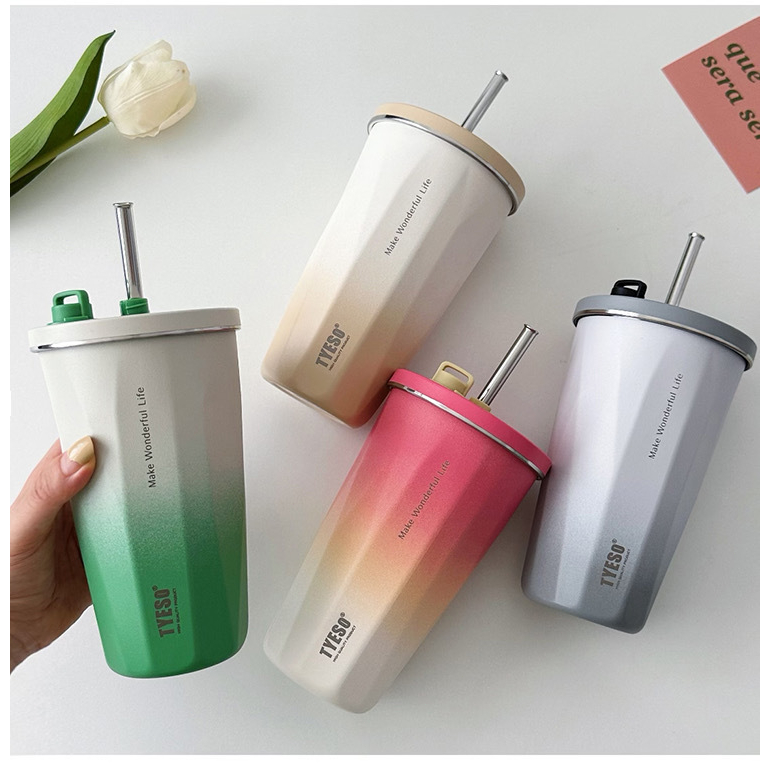 Original Tyeso Gradient Vacuum Insulated Bottle Tumbler With Straw Portable Stainless Steel Sport Water Bottle 600ml