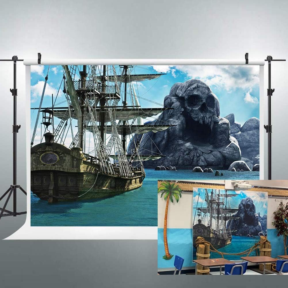 5x3ft Pirates Island Photography Backdrop Ship Cruises Caribbean Sea Ocean Rock Backgrounds Photo Portrait Funny Party Celebration Decor Photo Shoot Props