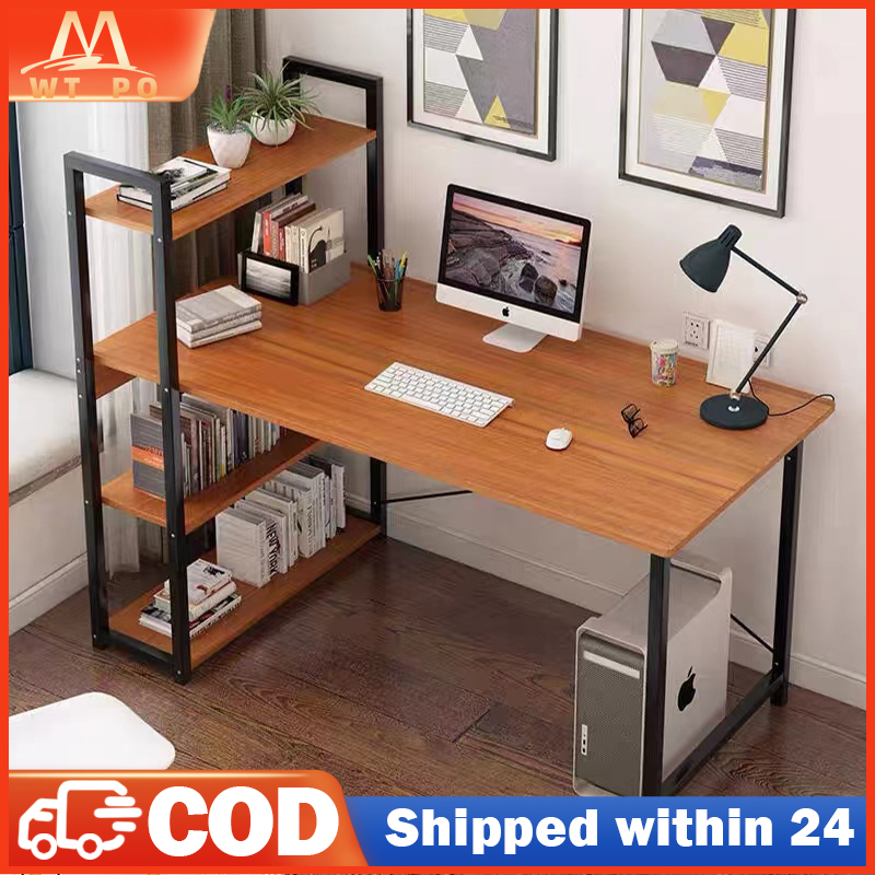【WT PO】120cm Modern Computer Desk Study Deck Writing Desk Office Table With Book Shelf 4 Tiers Sekolah Meja Basic Table 书桌子