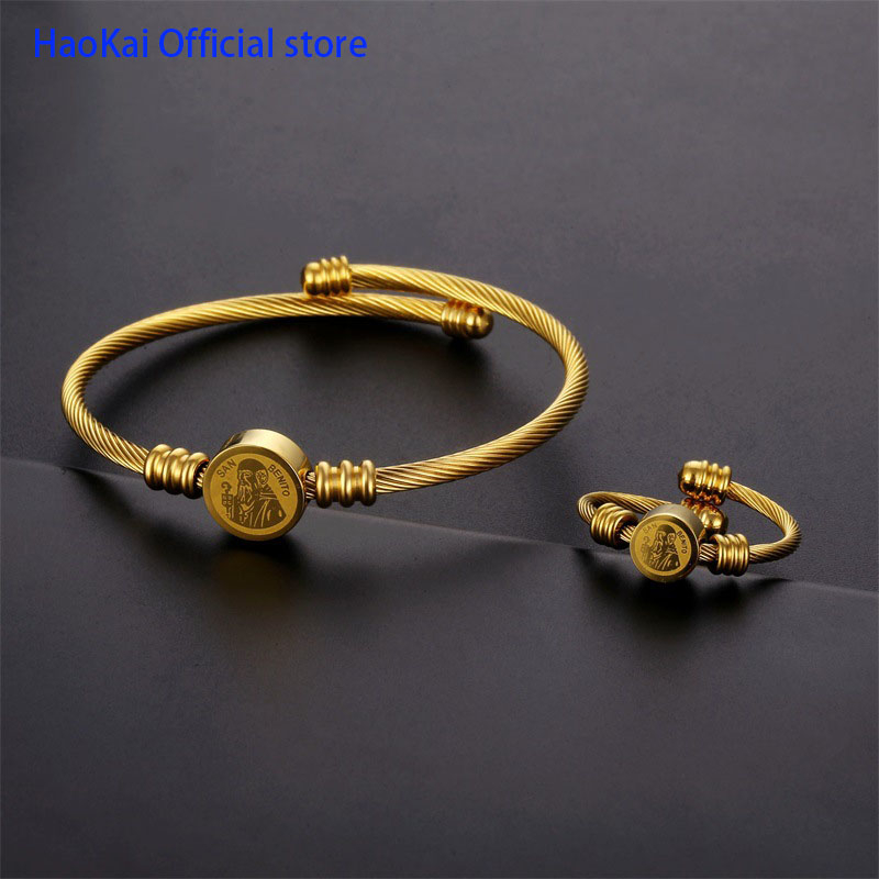 【Religious Bracelet Accessories】HaoKai Male and Female Bracelets Stainless Steel St. Benedict Ring Adjustable Priest Exorcist Bracelet Jewelry