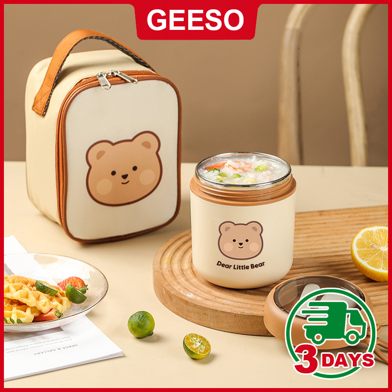 GEESO 530ML Cute Thermos Flask Soup Container Porridge Warmer Food Container 304 Stainless Steel Lunch Box With Spoon Thermal Insulation Bag 小熊汤杯 保温汤杯