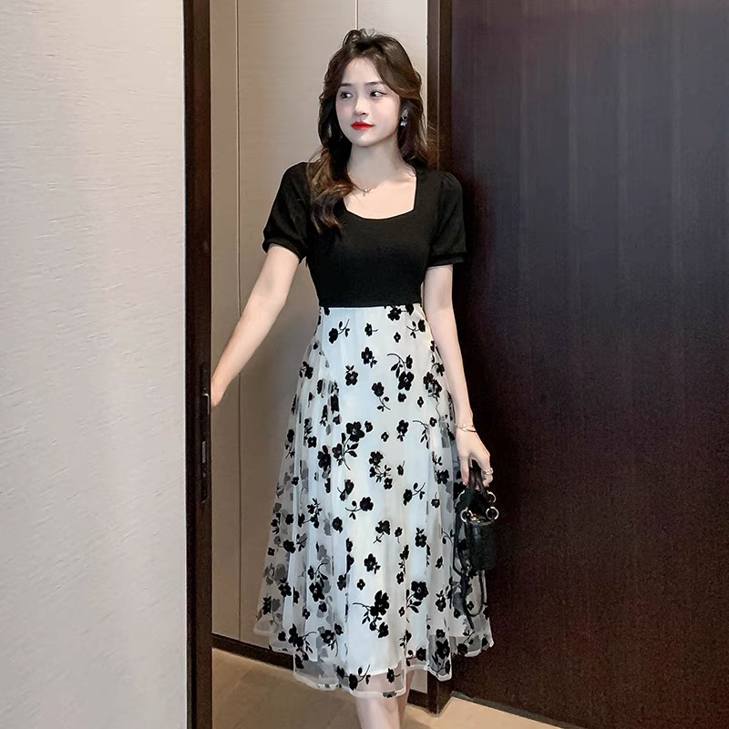summer plus size evening dress dinner parti elegant girl black midi dress floral korean style woman casual dress women for party fairy dress prom night dress