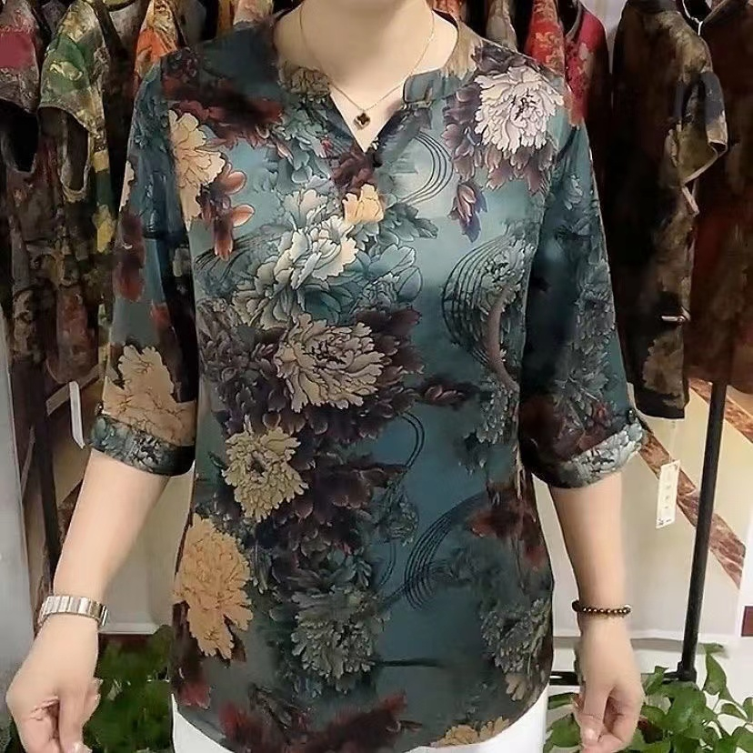 【READY STOCK】Print Blouse Korean style Long sleeve Plus size Satin Silk Middle aged and elderly women s Clothes Fashion in the Autumn of 2022 Tops