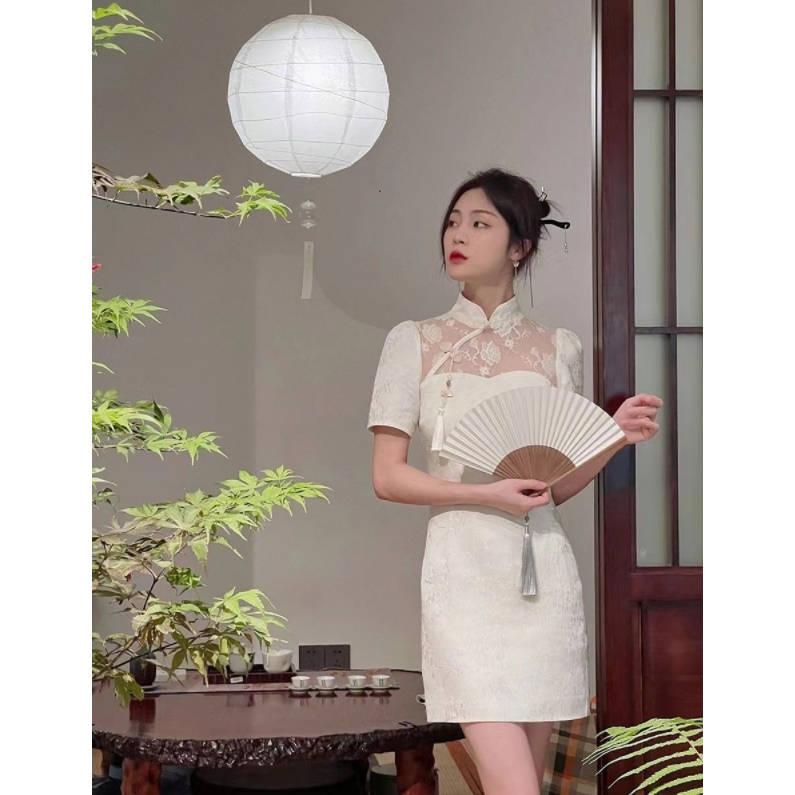 2023 summer Delia cheongsam senior Straw hua2023 White Rose High-End temperament Lace Jacquard High Waist National Style Antique Dress Women 8.17